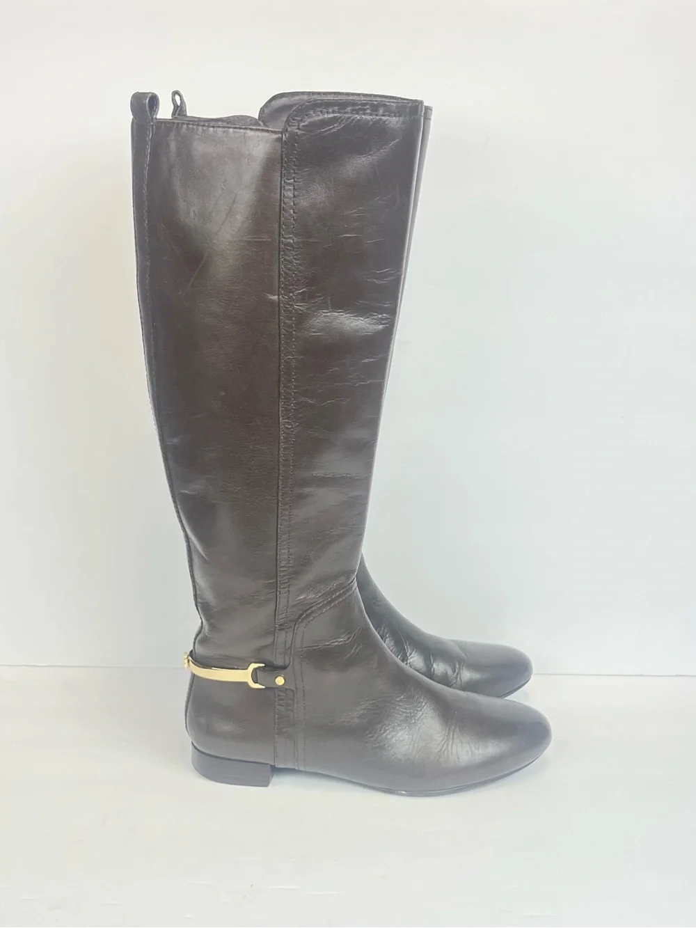 Tory Burch Dark Brown Leather Knee-High Boots with Gold Accents 6.5 M